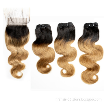 Brazilian Hair Bundles With Closure Body Wave Human Hair 3 Bundles With Closure T1b/27 Color 4x4 Lace Closure With Bundles